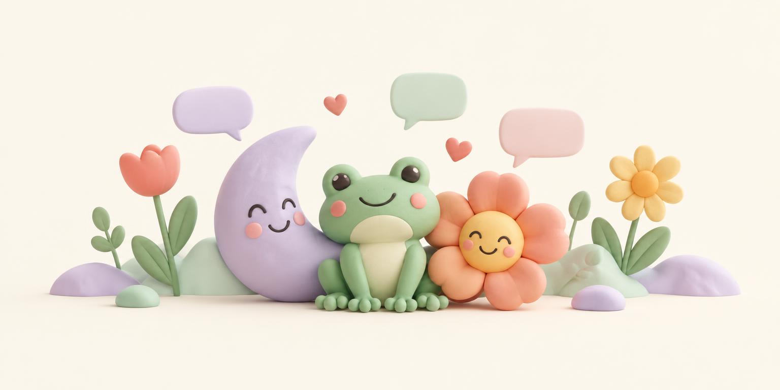 A friendly moon, little frog and smiling flower sharing a cozy corner